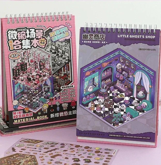 Miniature scene sticker books with cute ghost and shop designs, plus themed sticker sheet.