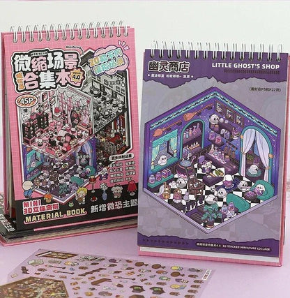 Miniature scene sticker books with cute ghost and shop designs, plus themed sticker sheet.