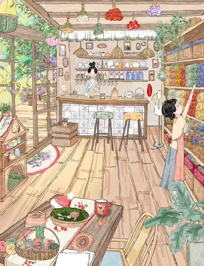 Cozy illustrated yarn shop with colorful yarns, wooden shelves, and tea on the table.