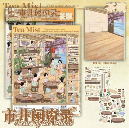 Vintage tea house scene stickers with women in traditional attire, wooden furniture, and cozy decor.