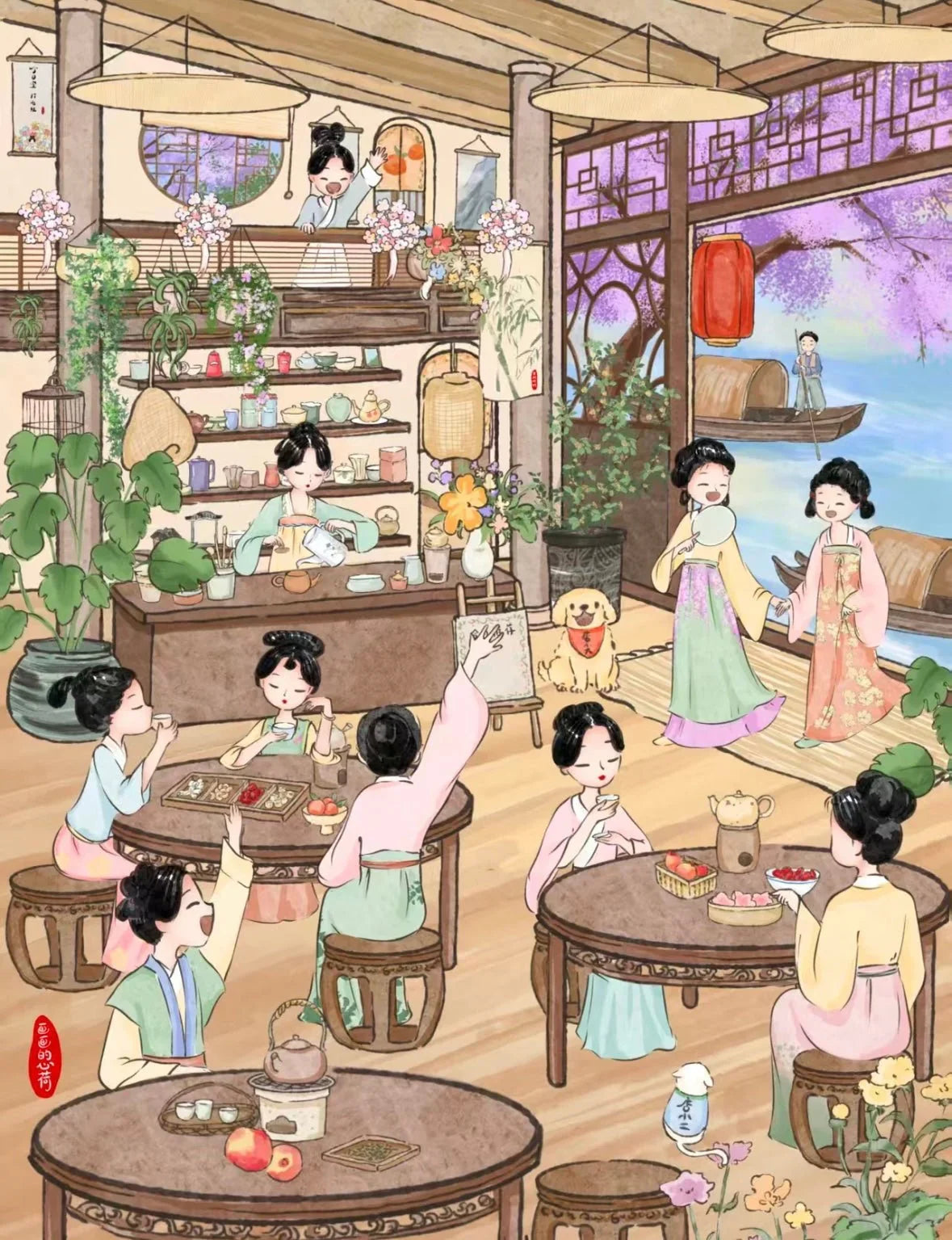 Illustrated tea house scene with women in traditional dresses, cozy decor, flowers, and river view