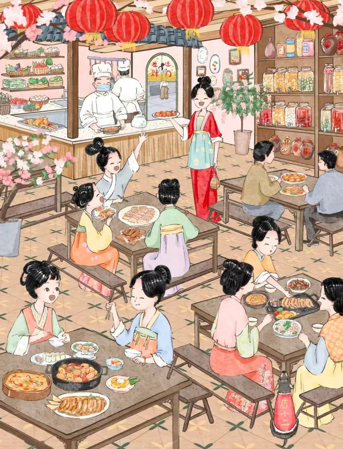 Illustrated cozy Asian tea house with lanterns, women in traditional attire sharing food, and chefs serving dishes