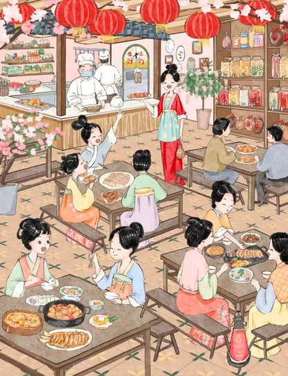 Illustrated cozy Asian tea house with lanterns, women in traditional attire sharing food, and chefs serving dishes