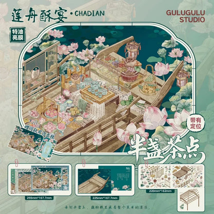 Miniature floral tea banquet scene with dim sum table on a decorated boat surrounded by lotus flowers