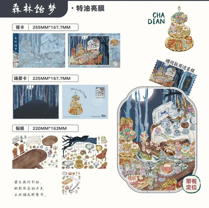 Miniature banquet scene stickers with Cantonese dim sum desserts and tea set in a forest theme