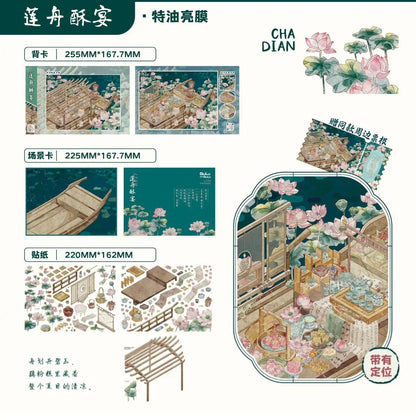 Floral tea set dim sum banquet scene stickers with lotus, pastries, and wooden boat elements.