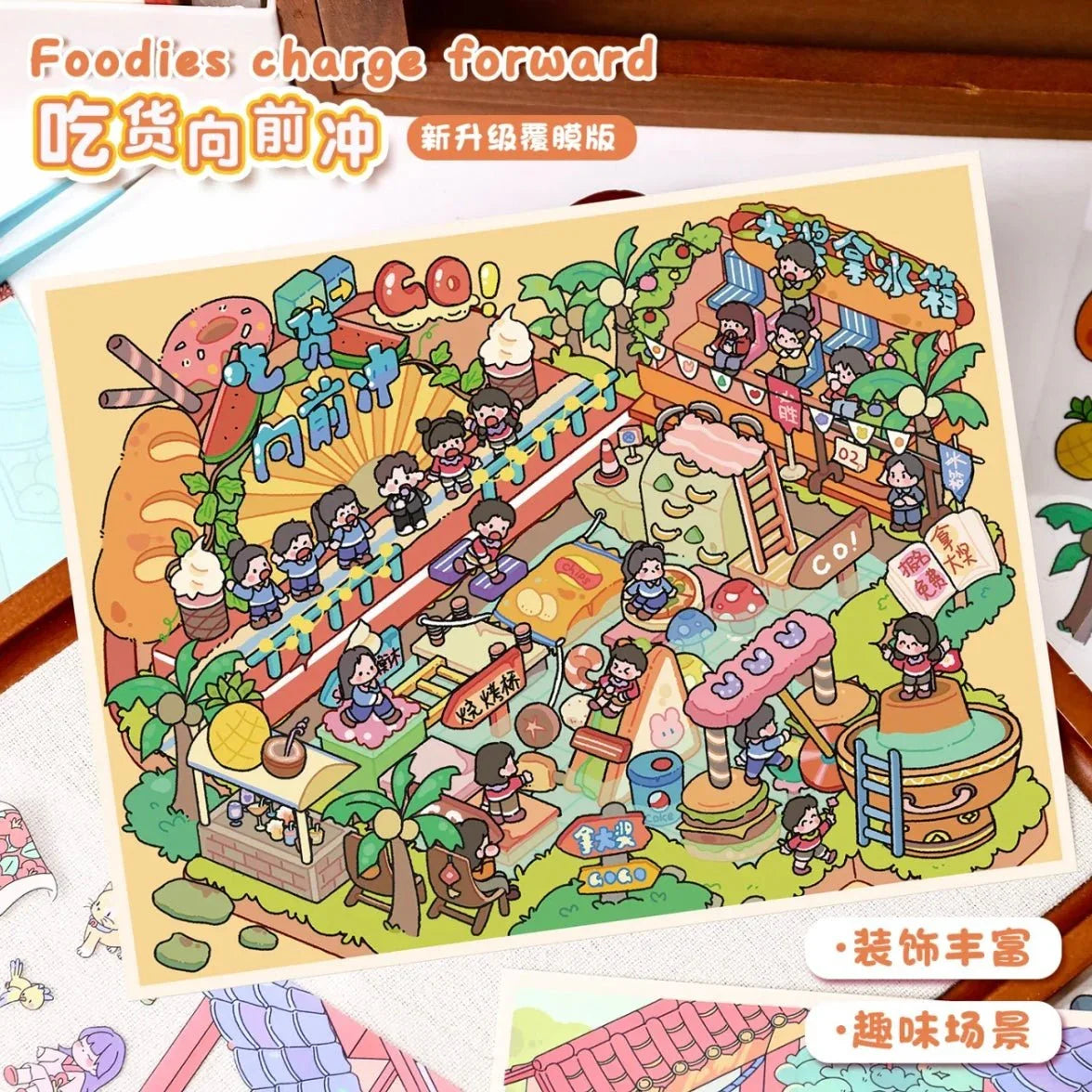 Colorful foodie rush scene sticker with mini cartoon characters, tropical fruit, and playful hot spring setting.
