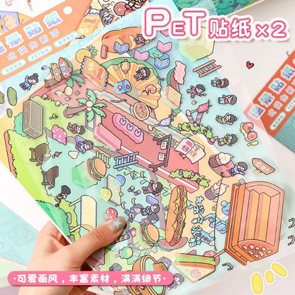 Cute foodie-themed PET scene stickers with cartoon characters, hot spring, and snacks.