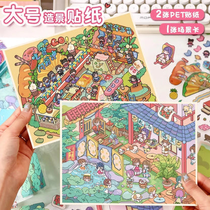 Cute illustrated scene stickers with cartoon food market and hot spring bathhouse themes.