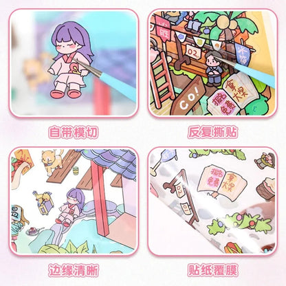 Cute illustrated stickers for journaling, including hot spring and food scenes with cartoon characters.