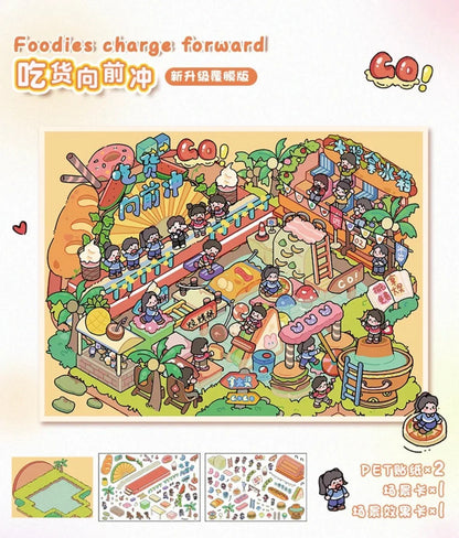 Cute foodie-themed sticker scene with cartoon characters enjoying an orange hot spring, desserts, and playful decorations.