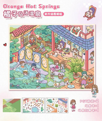Cute miniature hot springs scene sticker set with cartoon characters, food, and pets
