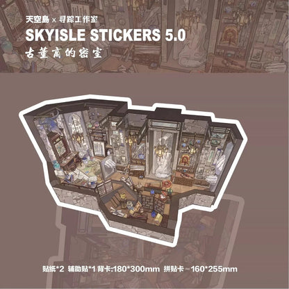 Miniature stickers set featuring an antique dealer’s secret study with vintage decor and books.