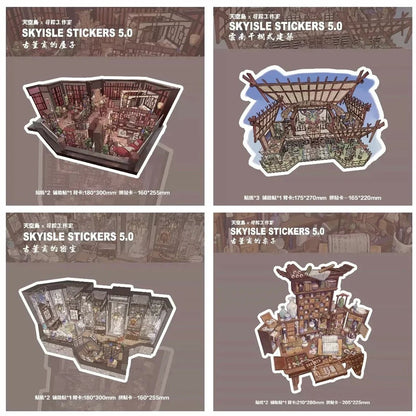Miniature antique shop stickers set with vintage rooms, stilt house, and detailed desk designs