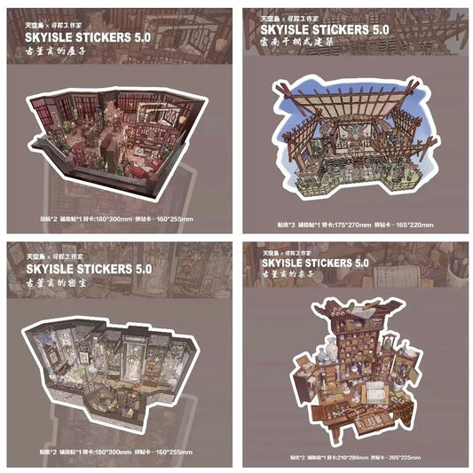 Miniature antique shop stickers set with vintage rooms, stilt house, and detailed desk designs