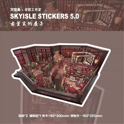 Miniature sticker scene of an antique dealer's room with vintage decor and wooden furniture.