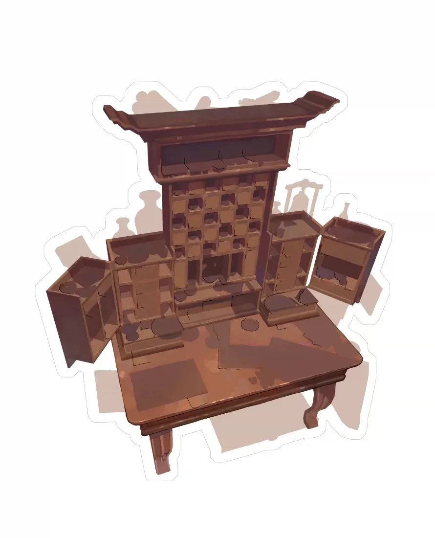 Miniature antique desk sticker with open drawers, intricate shelves, cozy journaling decor