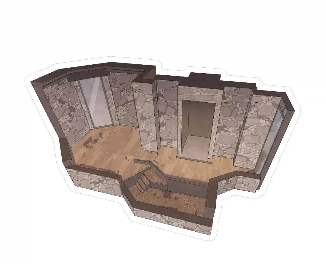 Miniature stone-walled room sticker with wooden floors and staircase, ideal for journaling crafts