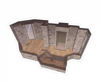 Miniature stone-walled room sticker with wooden floors and staircase, ideal for journaling crafts