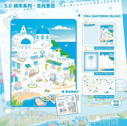 Santorini island scene stickers featuring blue domed buildings, sea, boats, and white houses.