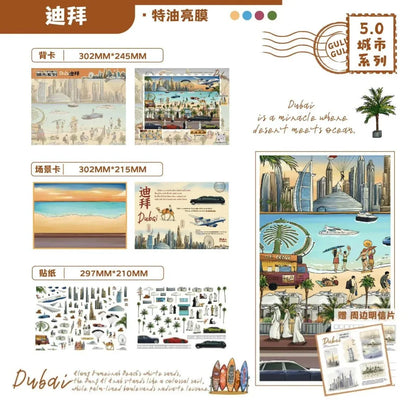 Dubai city series scene stickers featuring beach, skyscrapers, palm trees, and travel icons.