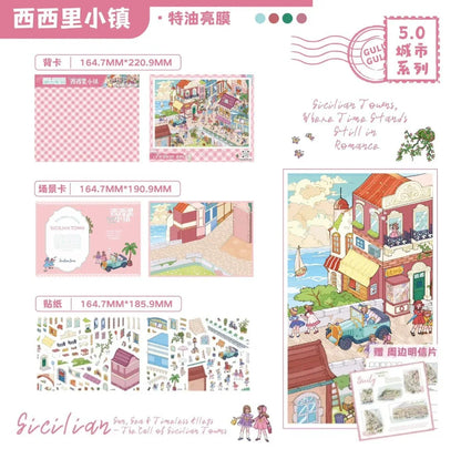 Sicilian town scene sticker set with colorful buildings, seaside view, car, and people for crafts