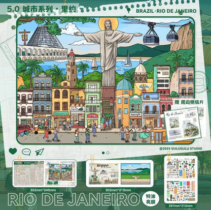 Cartoon Rio de Janeiro cityscape sticker with Christ the Redeemer, cable cars, and colorful buildings.