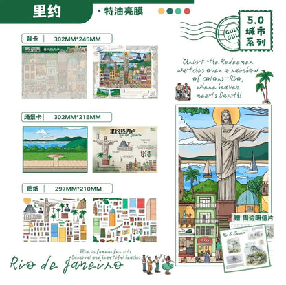 Rio de Janeiro scene sticker set featuring Christ the Redeemer, colorful buildings, and beach.