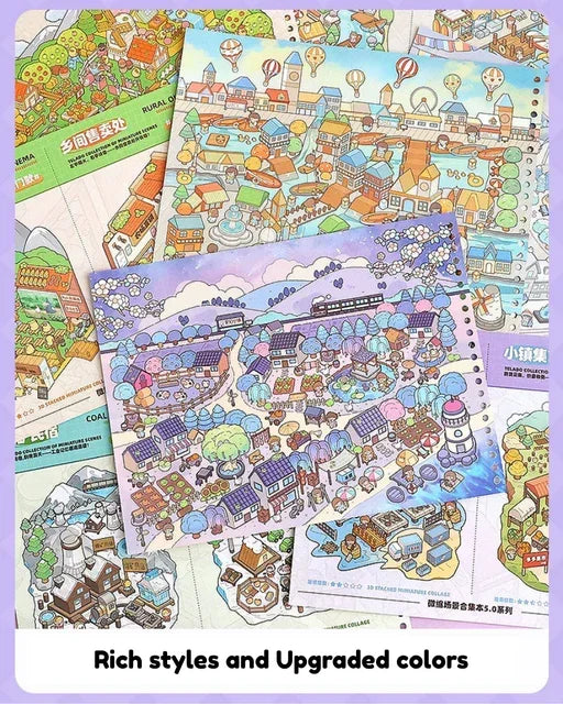 Colorful miniature city and countryside scene stickers for journaling and scrapbooking
