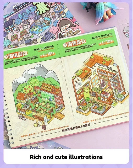 Miniature scene stickers featuring colorful rural town and vegetable shop illustrations.