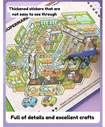 Miniature supermarket scene sticker sheet with cute characters and colorful detailed design.