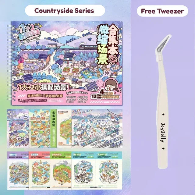 Cute countryside miniature scene sticker pack with colorful village designs and free tweezer.