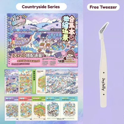 Cute countryside miniature scene sticker pack with colorful village designs and free tweezer.