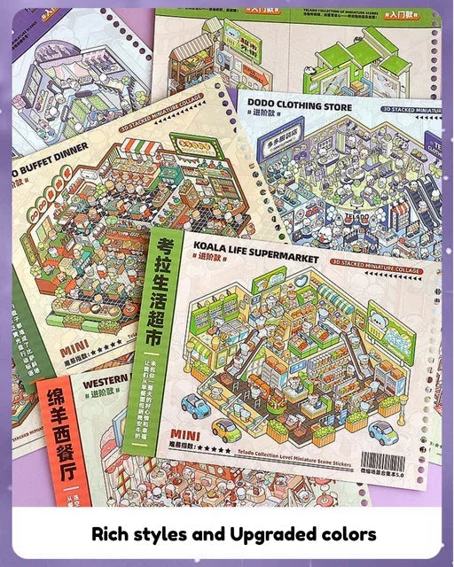 Miniature scene stickers featuring city supermarket, buffet, clothing store, and café designs