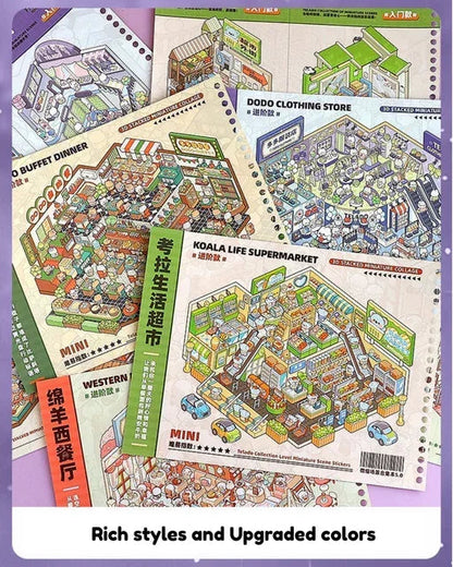 Miniature scene stickers featuring city supermarket, buffet, clothing store, and café designs
