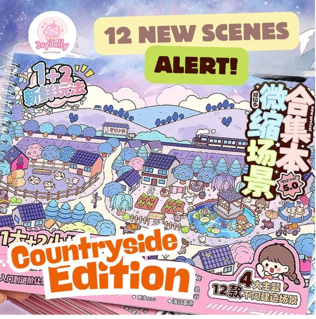 Miniature countryside scene sticker collection with pastel houses, trees, pond, and 12 new scenes alert.
