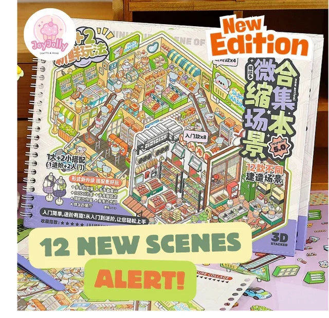 Miniature city and countryside scene sticker book with colorful illustrated 3D scenes.