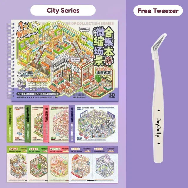 Miniature city scene sticker book with colorful urban designs and a white craft tweezer.