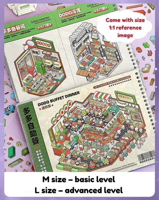 Miniature buffet dinner scene stickers, M and L size reference, colorful journal supplies.