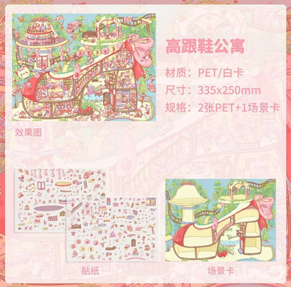 Colorful high heel shoe apartment scene sticker set with whimsical miniature details.