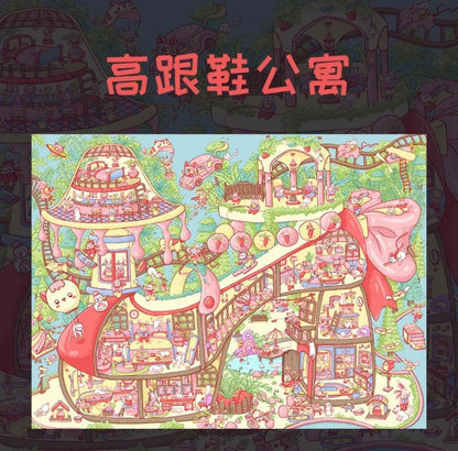 Whimsical high heel shoe apartment illustration with cute characters and colorful detailed rooms.