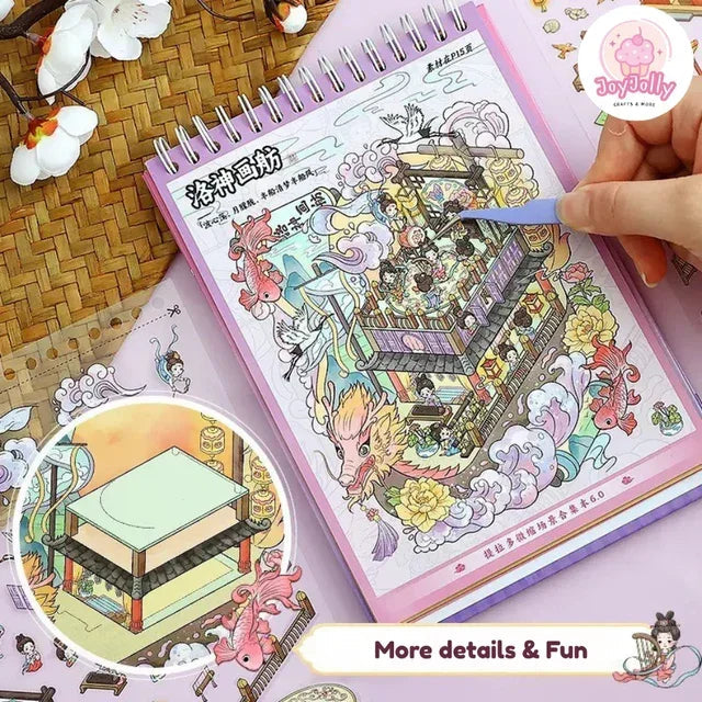 Colorful Xianxia fantasy miniature scene sticker sheet with dragons and pagoda, used for journaling.
