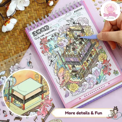 Colorful Xianxia fantasy miniature scene sticker sheet with dragons and pagoda, used for journaling.