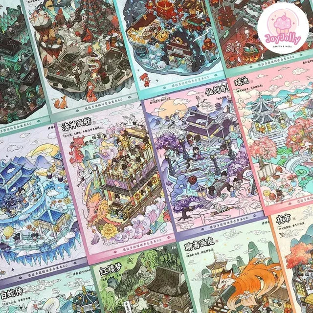 Assorted xianxia-themed miniature scene stickers with colorful fantasy landscapes and buildings