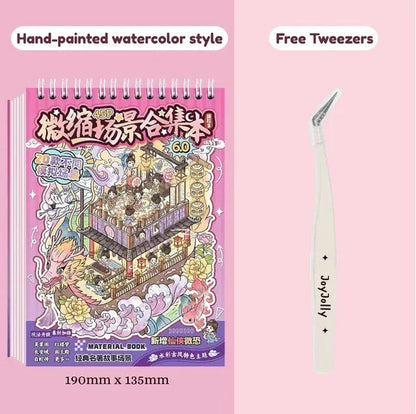 Miniature scene sticker book in hand-painted watercolor style with free tweezers, 190mm x 135mm.