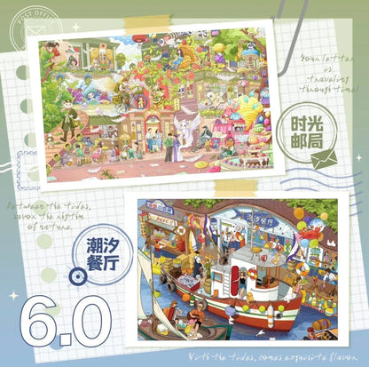 Colorful illustrated scene stickers featuring a whimsical post office and lively tide restaurant.