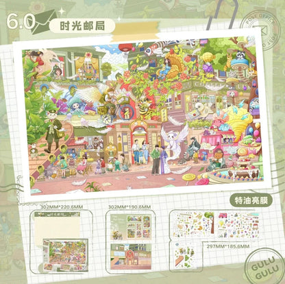 Colorful illustrated miniature town scene with whimsical characters, busy cafés, gardens, and creative elements.