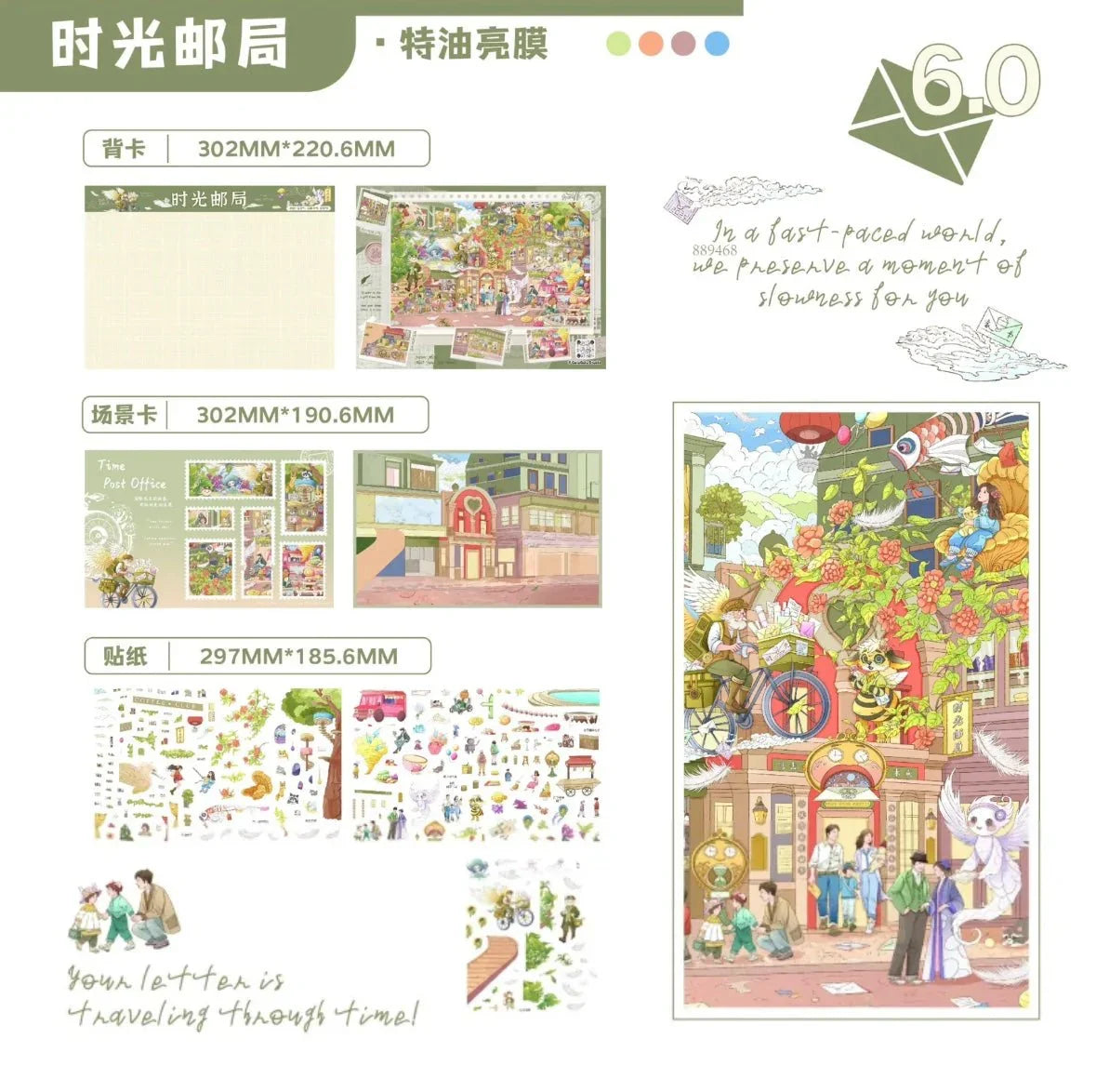 Colorful scene stickers set featuring whimsical post office and city illustrations, ideal for journaling and scrapbooking.