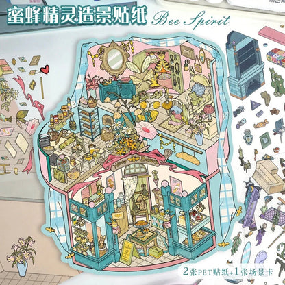 Colorful witchy miniature scene sticker featuring a fairy, bees, flowers, and cozy bakery shop.