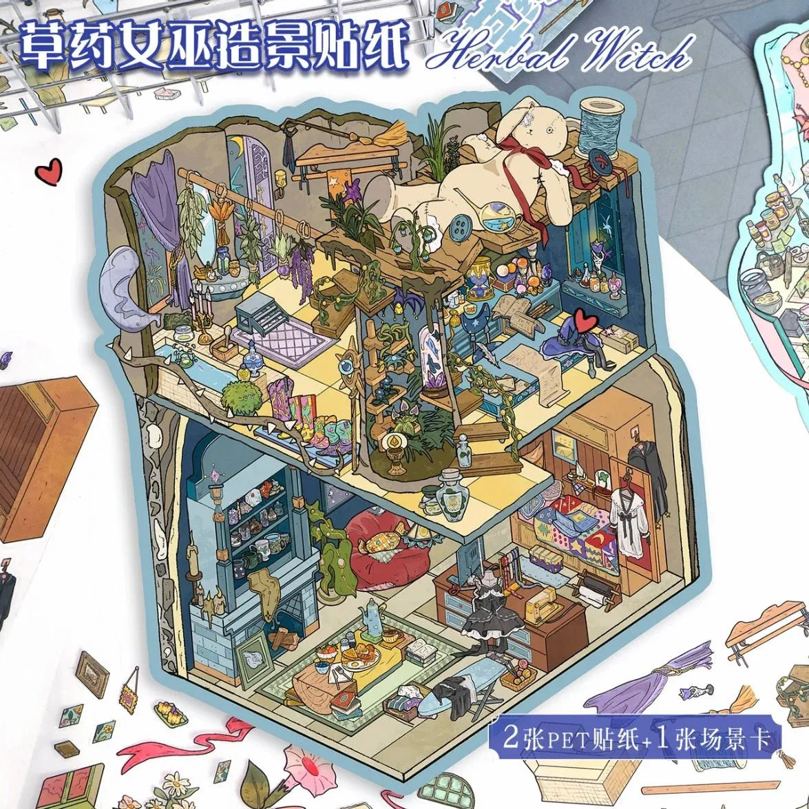 Miniature witch house scene sticker with fairy, herbs, books, and cozy magical rooms